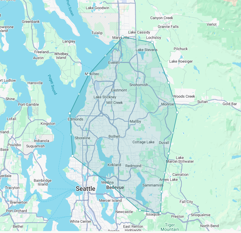 Map of Xzavier's Gutter and Window Cleaning service area covering Snohomish County and parts of King County